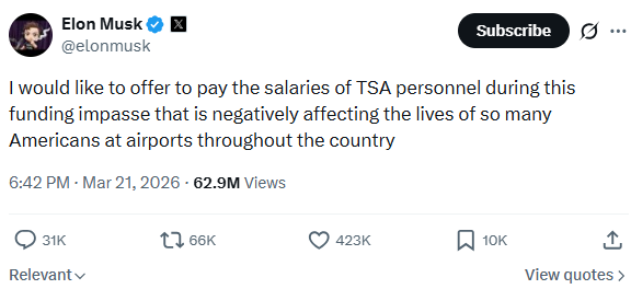 世界首富为美国公务员发薪？马斯克称愿意为TSA安检人员支付工资