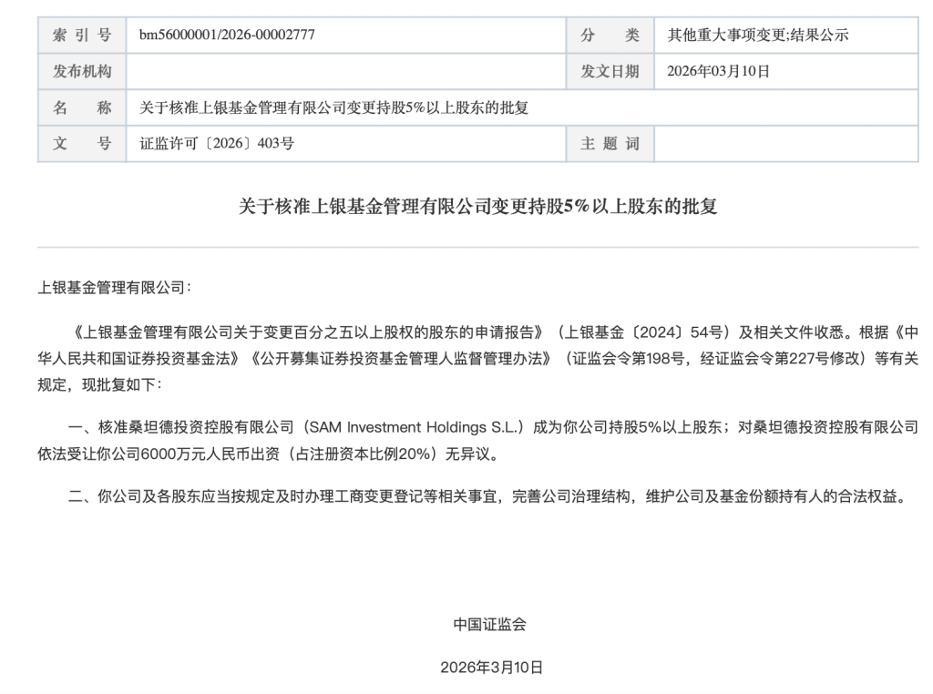 上银基金“变身”中外合资公募，桑坦德投资持股20%