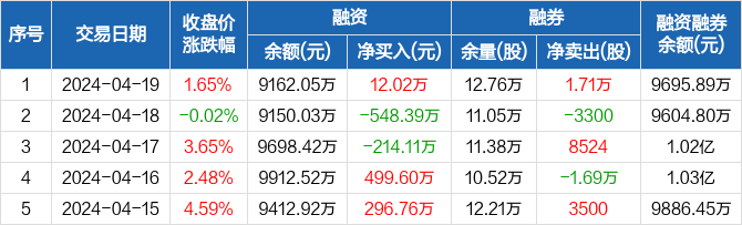 瑞丰新材:融资净买入12.02万元,融资余额9162.05万元(04-19)