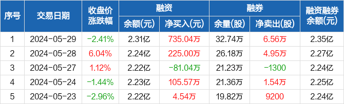 东软载波:融资净买入735.04万元,融资余额2.31亿元(05-29)